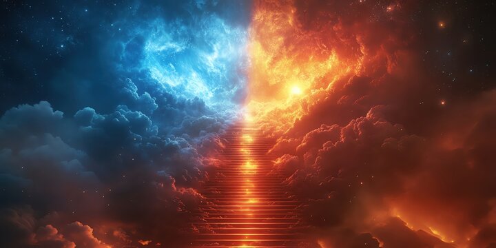 Dual pathways to heaven and hell, a staircase divides into a celestial light and fiery abyss, a battle of choices, copy space