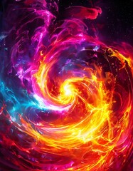 Explosive abstract artwork depicting a swirling vortex of neon flames in shades of pink, blue, and yellow. The intense, dynamic movement captures a sense of energy and excitement, ideal for modern art