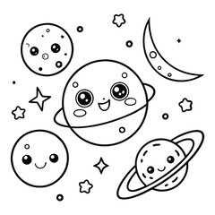 Kawaii coloring pages. coloring page for kids with the earth, satellite and  moon Educational game for preschool kids. 
