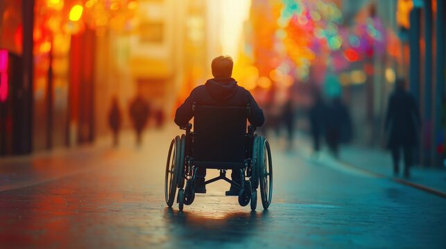 A person in a wheelchair navigates a vibrant, illuminated city street.