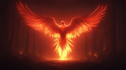 Fototapeta premium Mystical phoenix flying over a forest, fantasy, fiery colors, watercolor