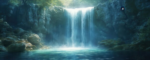 Mystical waterfall with glowing aura, fantasy, cool tones, watercolor