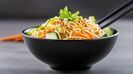 Delicious Noodle Bowl with Fresh Vegetables and Herbs