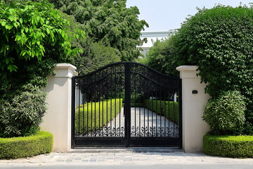 Black Iron Gate in a Lush Garden