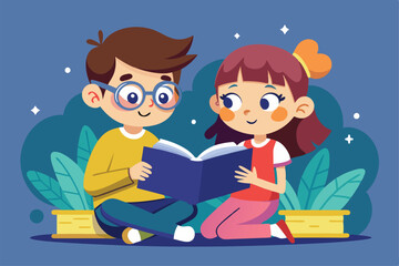 The animated couple happily shares a book, immersed in reading while sitting on the floor, a cartoon character couple reading book