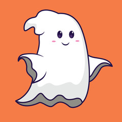 Cute Ghost Cartoon Flat Vector Icon Illustration Holiday Haloween Isolated