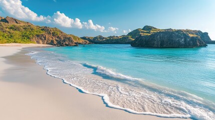 Obraz premium A pristine beach with soft white sand and turquoise waters gently washing ashore, framed by distant rocky outcrops.
