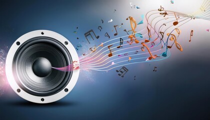 Obraz premium hi fi speaker flying few colorful music notes and sound waves