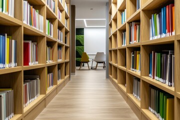 Modern Library with Wooden Bookshelves and Cozy Reading Nook with Chairs