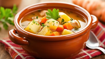 Hearty Vegetable and Chicken Soup in Rustic Bowl