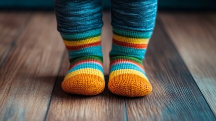 Colorful Rainbow Striped Socks on Wooden Floor - Cozy and Vibrant Fashion for Kids