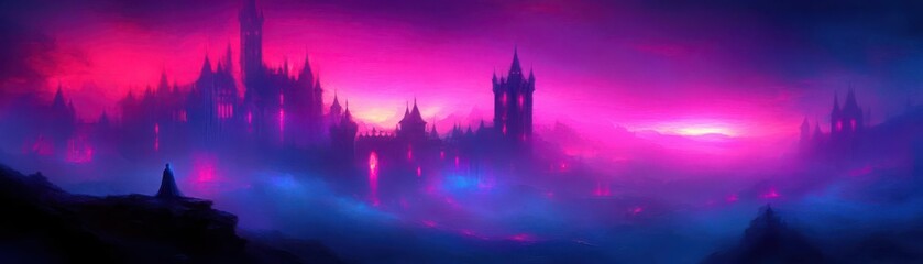 Enchanted castle with glowing towers, fantasy, rich colors, digital painting