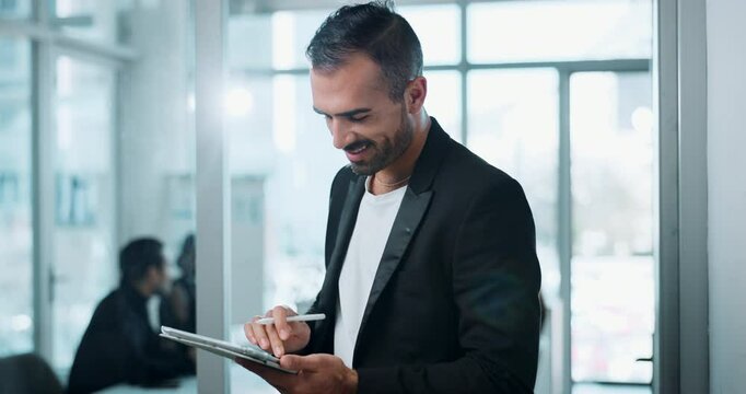 Businessman, writing or thinking in office with tablet for company proposal evaluation or funding request review. Budget analyst, happy employee or brainstorming digital report for contract agreement