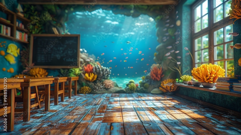 Aufkleber a classroom with a fish tank in the middle and a chalkboard on the wall. the room has a bright and c