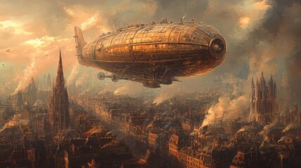 Naklejka premium Vintage airship over steampunk city, steampunk, earth tones, sketch