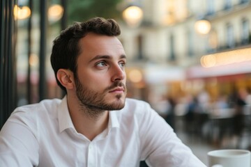 Obraz premium Thoughtful Young Man in Urban Cafe Setting Reflecting Modern Lifestyle and Pensive Moments