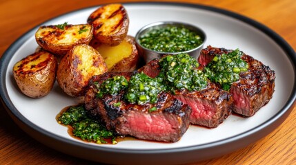 Grilled Steak with Herb Sauce and Roasted Potatoes