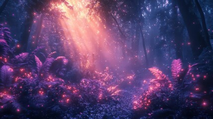 Fototapeta premium Mystical forest with glowing plants, fantasy, rich colors, digital painting