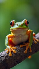 Green frog with red eyes is sitting on a branch