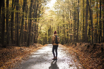 Fototapeta premium Woman walks on empty country road through an autumn forest at sunny day. Tourist with backpack hiking in woodland