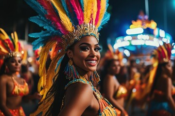 A vibrant Brazilian Carnival parade at night, with dancers in elaborate feathered costumes moving rhythmically through the streets