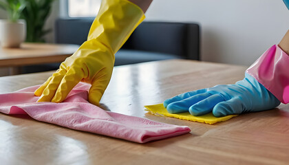 cleaning tabletop pink gloves spray bottle blue cleaning solution yellow cloth close-up
