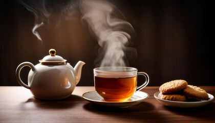 Fototapeta premium Steaming Cup of Tea with a Teapot and Biscuits on the Table