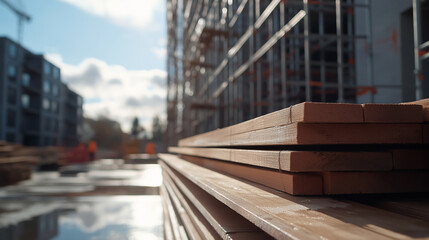 Zoomed-in view of scaffolding planks, covered in durable, weather-resistant material with safety rails in place, highlighting the construction siteâs focus on safety.