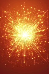 Fototapeta premium Fiery explosion of light and energy with particles, like big bang in outer space on red background