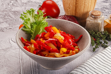 Diced raw bell red and yellow pepper