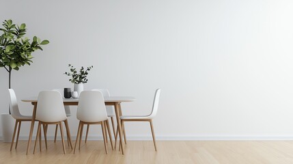 Modern dining area featuring a minimalist table and chairs, complemented by greenery, perfect for contemporary home decor.