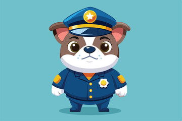A charming bulldog character in a police outfit poses proudly against a colorful backdrop, a cartoon character Cute bulldog dressed as a police officer