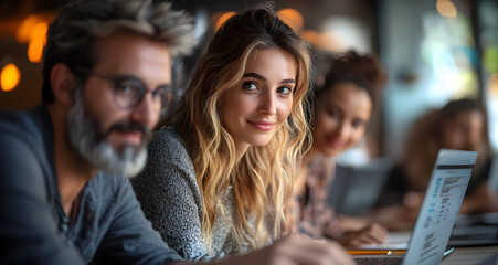 Obraz premium Team of Business People in Office Using Laptop for Digital Project Development and Creative Problem Solving Showcasing Teamwork and Entrepreneurial Spirit