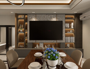 3D Rendering Interior Scene and Mockup, dinning room interior, decorate the walls with built in shelves.
