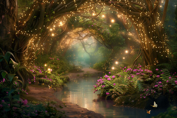 Obraz premium Enchanting River Path Lit by Magical Twinkling Lights