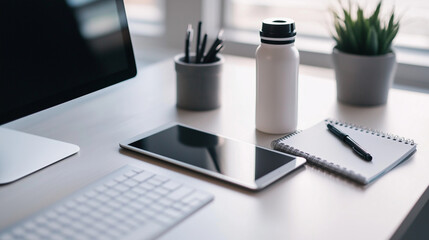 An office desk in a minimalist style, with only a tablet, keyboard, notepad, water bottle, and a potted succulent for a fresh, modern workspace look.