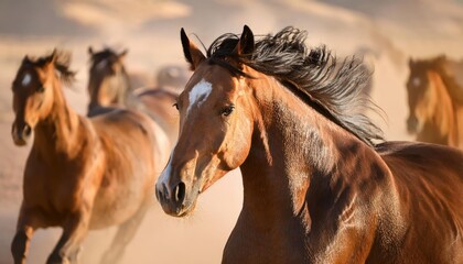 Horse portrait in motion. Horse portrait in herd in motion in desert dust. Black and white 