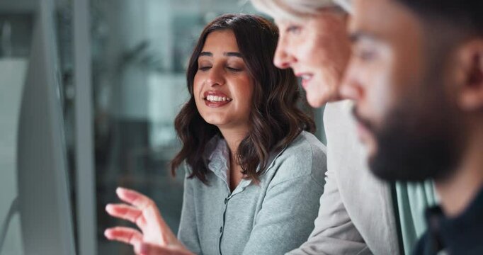 Group, people and discussion on laptop in office for training, coaching and brainstorming ideas of project. Staff, manager and digital to review finance report, teamwork and advice of sales solution
