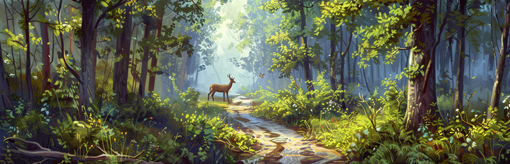 Secluded forest with thick underbrush on the left and a clear and muddy trail on the right and a solitary deer standing cautiously in the clearing and with a sky full of drifting clouds. 