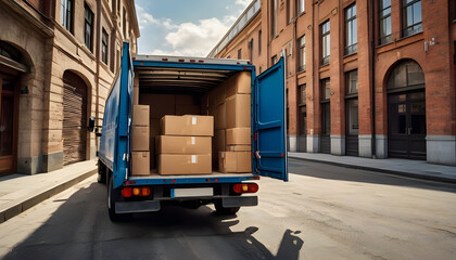 Naklejka premium Truck with open doors Delivery concept urban street delivery street with boxes loaded inside 