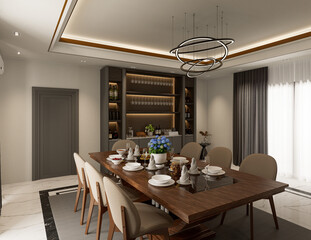 3D Rendering Interior Scene and Mockup, dinning room interior, decorate the walls with built in shelves.
