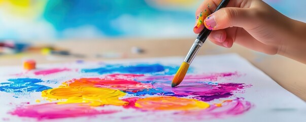 Naklejka premium Child painting in an art therapy session, using bright colors to express emotions, art therapy for children, emotional healing through creativity