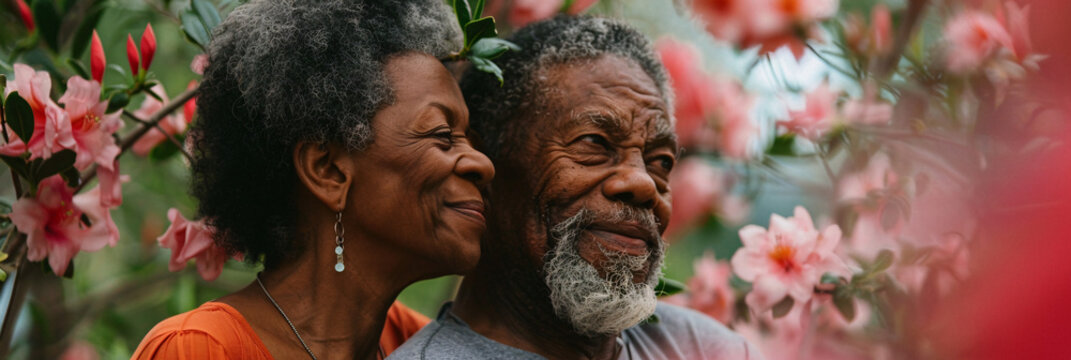 Senior African American couple enjoying a picnic in a lush garden and surrounded by blooming flowers