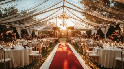 A photo of the inside of an elegant wedding tent with white tablecloths,