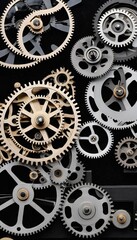 uhrwerk feinmechanik zahnradern panorama von  gear gear metallic machine industry connection clockwork watch precision factory mechanic panorama cooperation banner wheel teamwork technology engine