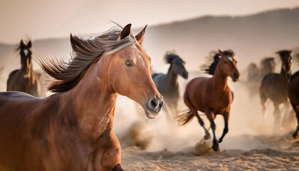 Horse portrait in motion. Horse portrait in herd in motion in desert dust. Black and white 