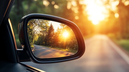 Fototapeta premium A car's side mirror reflecting a road through the forest at sunset.