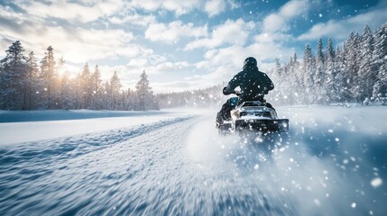 Snowmobiler Racing Through Deep Powder Snow in a Winter Landscape