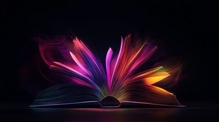 Open book with neon flowing shapes, diversity in education, colorful learning, inclusive knowledge, global perspectives, creativity and growth