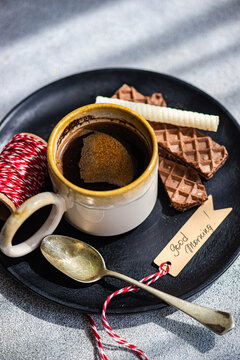 Morning coffee with chocolate and message